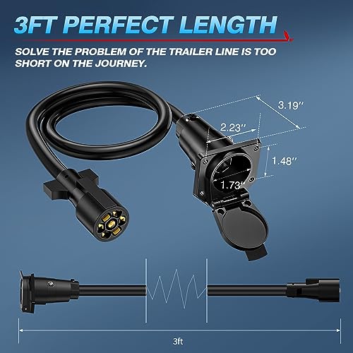 Mictuning 7 Way Trailer Plug Socket Extension Cable - 7 Blade Trailer Wiring Connector Cord Wire 3Ft 10-14 Awg #TOP5