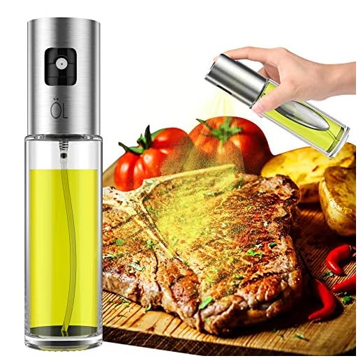Olive Oil Sprayer, Spray Bottle, Portable Oil Dispenser Mister for Cooking, BBQ, Salad, Baking, Roasting, Grilling, Frying, 3.4-Ounce Capacity, Glass Bottle, 100ml, Including Free Tube Brush