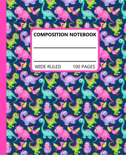 Composition Notebook Wide Ruled: Cute Dinosaur Composition Notebook for Girls in Pink and Navy | Fun Dino School Notebook | 100 Lined Pages