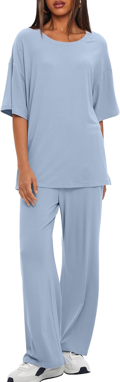 Darong Women's Two Piece Sets Casual Short Sleeve Top Wide Leg Pants Lounge Matching Set Travel Vacation Airport Outfits