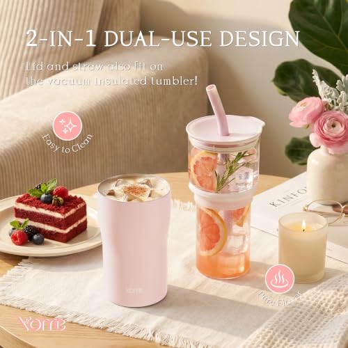 Image of YOME 20oz Light Pink Insulated Glass Tumbler with Lid & Straw for Women Gift | Stainless Steel Iced Coffee Cup | Keep Drinks Cold |Cupholder Friendly |Ideal for Iced Coffee, Smoothies & Boba