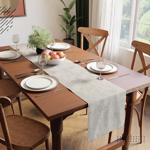 Image of Encasa XO Dining Table Runner for 4 to 6 Seater | 32x183 cm | Solid Light Grey | Chenille Fabric | Machine Washable