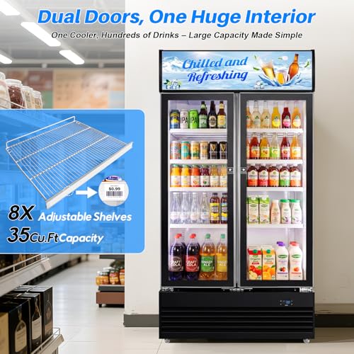 Image of Commercial Display Beverage Fridge, 40″ Double Glass Door Refrigerator, 28.1 Cu.Ft Large Capacity with 8 Adjustable Shelves, Upright Cooler for Shop, Bar & Restaurant