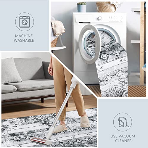 Wonnitar Machine Washable Runner Rug - 2'6''X8' Grey Ultra-Thin Kitchen Rug Runner,Non-Slip Hallway Area Rug Bohemian Laundry Carpet Runner,Distressed Boho Throw Mat For Entrance Bathroom Bedroom #TOP3