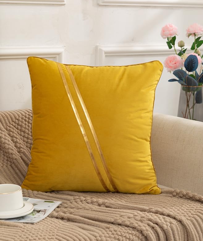 BAOKU 18 x 18 Inch Set of 2 Yellow Gold Leather Striped Lines Velvet Cushion Case Luxury Modern Throw Pillow Cover Decorative Pillow Trimmed Velvet for Couch Living Room Bedroom Car - Image 2