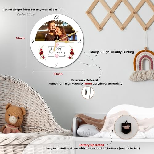 Image of SAVRI Analog Personalized Acrylic Round Wall Clock with Your Favorite Picture Printed on Watch & Best Wishes of Your Choice Written. Birthday,Wedding,Gifts for Special one. Size- 9x9 inch,White
