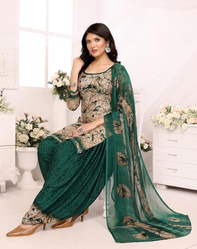 Image of Yashika Women's Printed Dress Material - Unstitched Crepe Fabric Kurti, Pants & Dupatta Set
