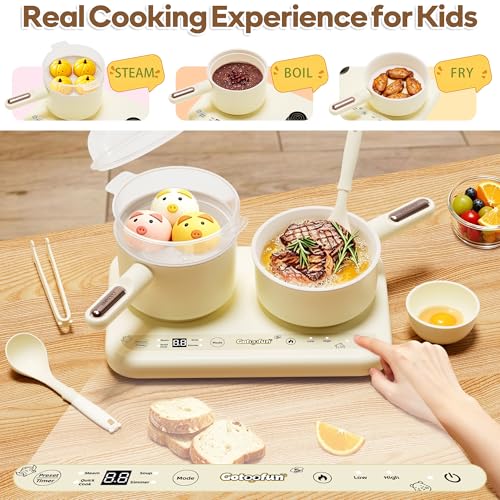 Gotoofun Kids Cooking Sets Real, Dual Stove Real Cooking Set for Kids with Mini Cookware, Safe Utensils, Apron & Kitchen Tools, Montessori Pretend Play Cooking Toy for Girls Boys Ages 8+, Beige by Gotoofun - Image 4