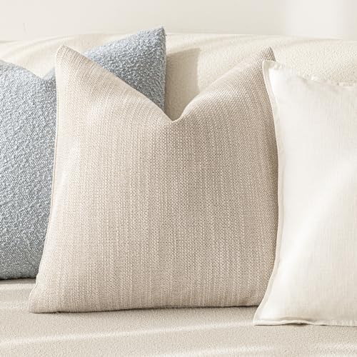 Image of Foindtower Set of 2 Decorative Textured Burlap Linen Throw Pillow Covers Farmhouse Boho Cushion Cover Solid Accent Pillowcase for Couch Sofa Bed Living Room Home Decor,18x18 Inch,Light Beige