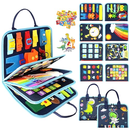 Image of Qizfun Busy Board Montessori Toy for 1 2 3 4 Years Old, Sensory Learning Toys for Toddlers 1-3 – Toddler Travel Toys for Airplane Car with Educational Activities, Gift for Boys Girls