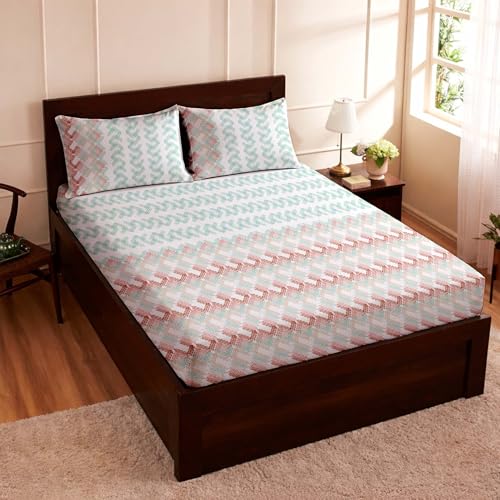 Image of Raymond Bedsheet 100% Cotton Feel Bedsheets 200 TC for Double Bed King Size (108 x108 Inch) with 2 Large Size Pillow Covers | Soft and Breathable | Wrinkle-Free | Premium Printed Design Rose Leaf