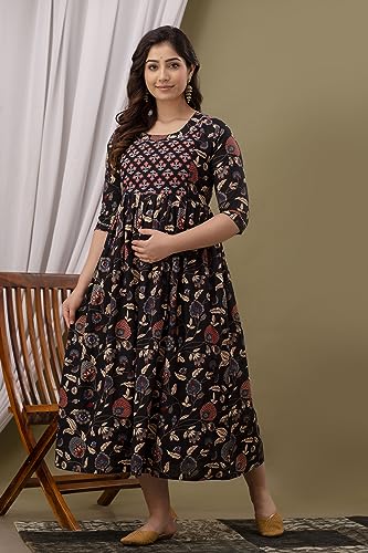 Image of Maternity Feeding Kurti for Women | Cotton Blend Anarkali Dress with Nursing Zip for Pre & Post Pregnancy