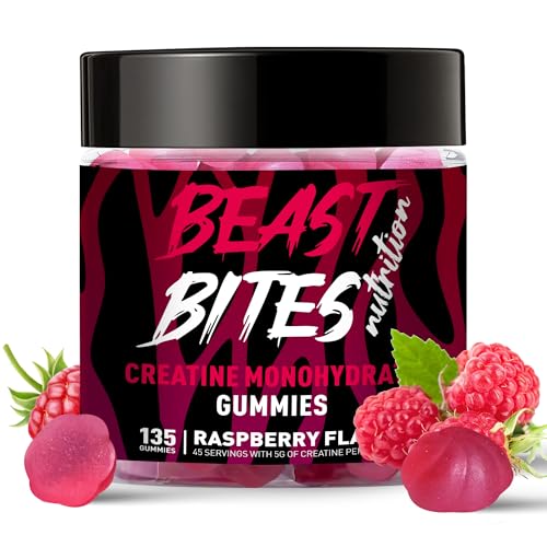BEAST BITES Nutrition Creatine Monohydrate Gummies for Men & Women - 5g of Creatine Monohydrate per Serving - Sugar Free,Vegan, Raspberry Flavor, 135 Count (45 Servings).