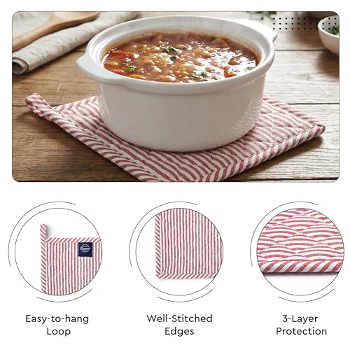 Image of Encasa XO Heat Resistant 100% Cotton Oven Glove & Potholder Set with Loop, Kitchen Cooking Mittens, Microwave Safe Hot Pads (Ticking Red)
