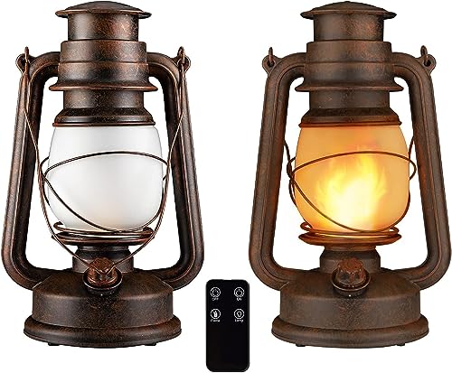 LED Vintage Laternen Batteriebetrieben, 2 Pack LED Laternen für Draußen Gartenlaterne Hängend Laterne mit Fernbedienung, Realistische flackernde Flamme im Freien Veranda Gartenlaterne Wetterfest IP65