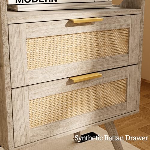Image of JOONEE Rattan Nightstand with Charging Station,Farmhouse Bedside Table with 2 Storage Drawer and Open Wood Shelf, for Bedroom and Small Spaces,Night Stand with Solid Wood Legs (Grey Oak-Outlet)