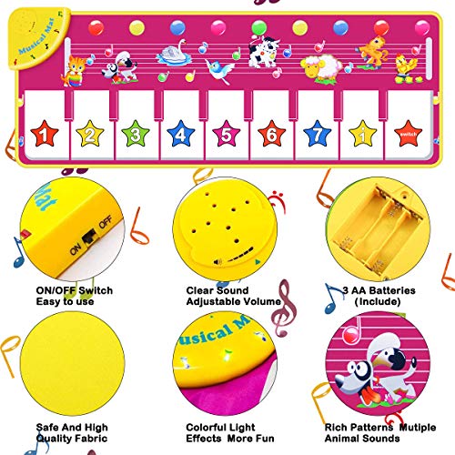 Image of RenFox Musical Piano Mat, Toddlers Music Floor Keyboard Blanket Dance Mat with 8 Different Animal Sounds, Early Learning Educational Toys Gift for 1 2 3 4 Years Old Baby Boy Girl (Batteries Included)