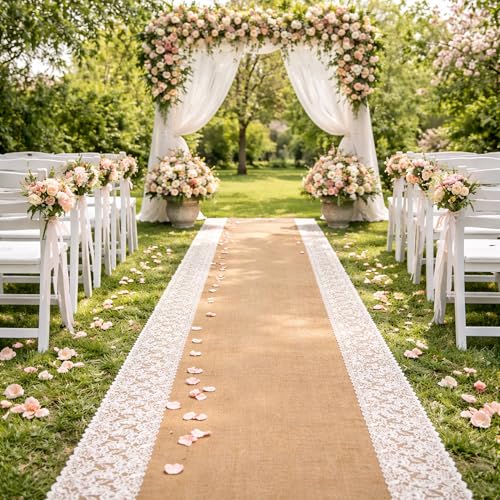 Image of 30Ftx36 in Natural Burlap Wedding Aisle Runner, Jute Weddings Runway Carpet | Rustic Ceremony Burlap Carpet Roll, Runway Carpet with Lace for Beach Garden Church Reception Craft Decoration