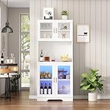 Estantería alta moderna blanca con 4 puertas de cristal con divisores movibles - 80 cm de ancho x 170 cm de alto x 170 cm de alto con luz LED, armario alto para comedor, cocina, armarios altos,