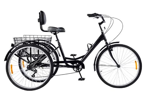 Upgraded Adult Tricycles 7 Speed, 20/24/26 Inch Adult Trike Bikes 3 Wheel Cruiser Bicycles, Low Step-Through Steel Frame, Large Basket, Backrest Seat, Multiple Colors (Black, 20" Wheels/7 Speed) #TOP1