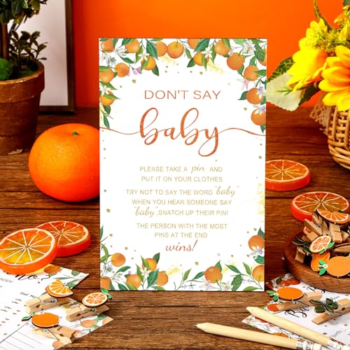 Image of Patelai 321 Pcs Orange Baby Shower Game Supplies for Girl or Boy 5 Set Include 50 Activity Cards 20 Pencils 1 Don't Say Baby Sign 50 Clothespins for Price Is Right Prediction Bingo Game Party Decor