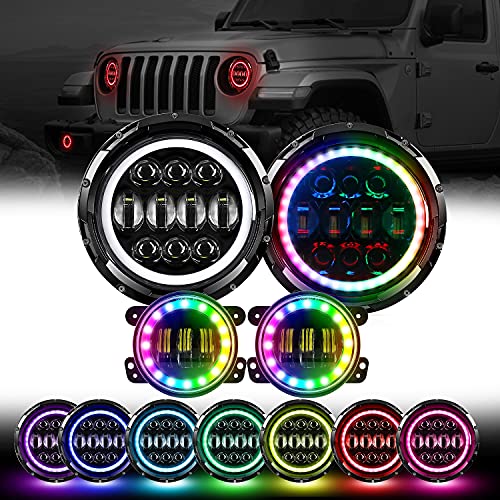 Compatible for 7 Inch 85W RGB Halo LED Headlights and 4 LED Fog Lights RGB Halo Ring for 1997-2017 Wrangler JK LJ CJ Hummer Headlamp with High Low Beam Bluetooth Controlled RGB Lights Kit