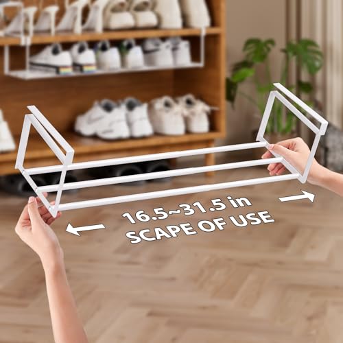 Image of Expandable Shoe Rack Organizer, Hanging Shoe Organizer for Closet & Adjustable Under Cabinet Shelf,Shoe Storage Rack Retractable for Kitchen and Clothing Storage (White, 2 Pack)