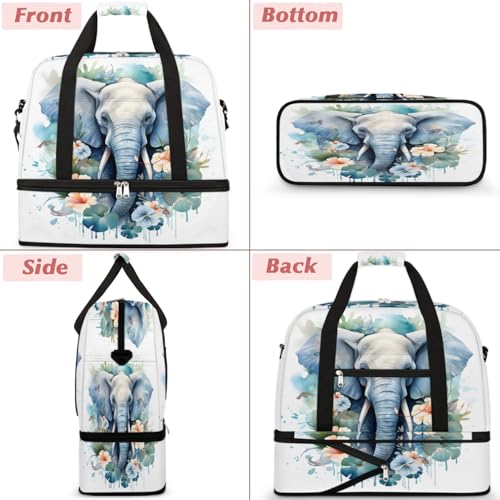 Travel Duffel Bags Watercolor Flower Elephant Foldable Weekender Bags for Women with Shoes Compartment Waterproof & Tear Resistant Carry on Overnight Luggage Duffel Bag Shoulder Sports Tote Bag,A-463