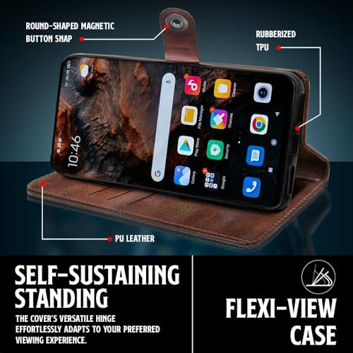 Image of WOW IMAGINE Shock Proof Flip Cover Back Case for Mi Redmi 13C 5G | Redmi 13C 4G | Poco M6 5G | Poco C65 (Magnetic Button Flip Case | Wallet Pockets & Stand | Leather Finish | Coffee)