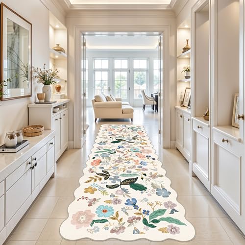 Washable 4x12 Wide Area Rug: Hallway Soft Floral Scalloped Carpet Water Resistant Non-Slip Runner Rug for Entryway Kitchen Dining Room Low Pile Floor Mat for Living Room Bedroom Nursery(4x12,Cream)