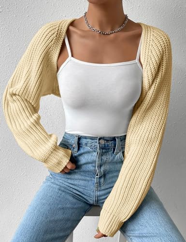 Image of Women's Long Sleeve Open Front Knitted Crop Cardigan Drop Shoulder Knit Bolero Shrug Sweater