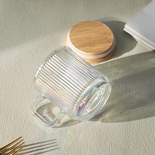 Joeyan Iridescent Glass Coffee Mugs Set Of 2-11.5 Oz Striped Coffee Cups With Lid - Large Drinking Glasses With Handle For Latte, Coffee, Tea, Milk, Juice #TOP4
