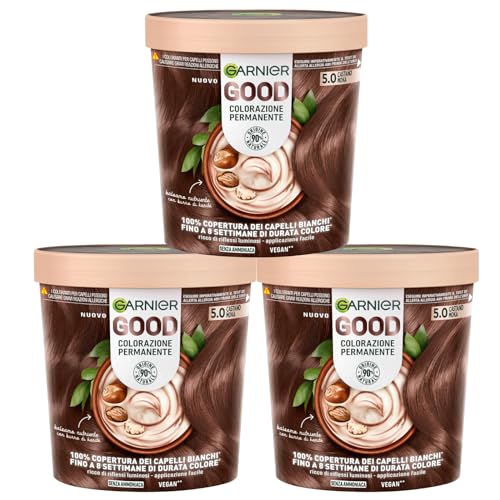 Garnier Good Tinta 5.0 Castano Moka Colorazione Permanente Fino a 8 Settimane Colore Brillante e Luminoso Copre il 100% dei Capelli Bianchi Formula Vegana Senza Ammoniaca - 3 Confezioni