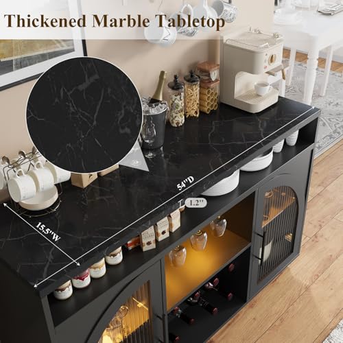 Sideboard Buffet Cabinet, 54" Kitchen Cabinet with LED Lights & Arched Glass Doors, Tall Bar Cabinets with 2 Adjustable Shelves, Wine Rack & Storage Table for Dining Room, Black - Image 6