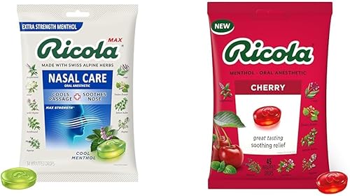 Ricola Max Cool Mentol - Bolsa grande para cuidado nasal  Gotas supresoras de tos  34 gotas de cereza para la garganta  45 unidades