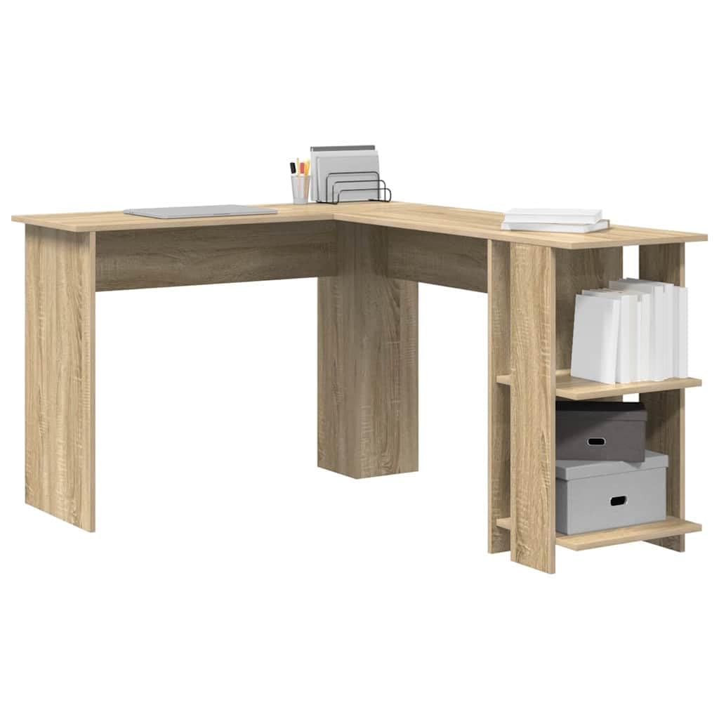 Moderna scrivania angolare in rovere Sonoma, 140 x 113,5 x 75 cm, con ripiani, area di lavoro compatta per ufficio e gaming, scrivania per computer durevole con spazio di archiviazione