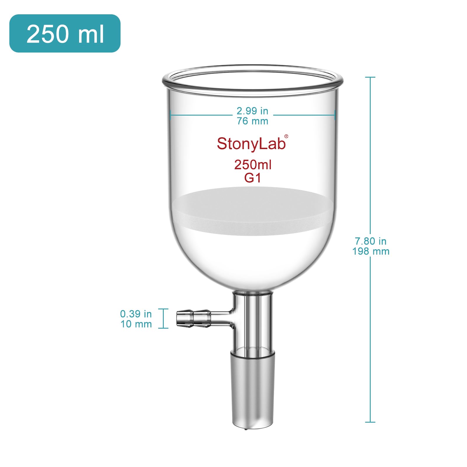 stonylab Entonnoir Büchner en Verre Borosilicaté, Filtre à Vide avec Fritté Grossier (G1), Diamètre de Disque 76 mm, Profondeur 80 mm, Joint Rodé Standard 24/40, Capacité 250 ml