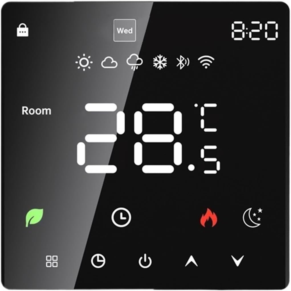 Close-up front view of the CEMELI K6H-3A Tuya WiFi Smart Thermostat display, highlighting the temperature reading and various operational icons.