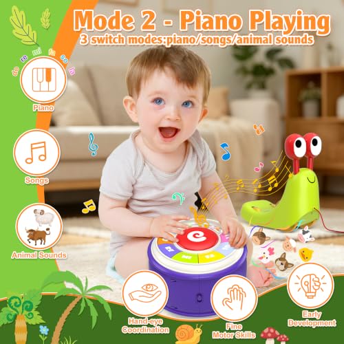 Ciesa 3 in 1 Musical Toddler Toys for 1-3 Year Old, Pull Along Snail Toy with Baby Piano and Light Up Drum Set, Early Learning Developmental Toys, Sensory Baby Toys and Birthday Gifts for Toddlers - image 3