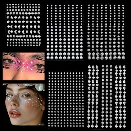 AOZUO 850 pegatinas autoadhesivas de piedras preciosas faciales, joyas de diamantes de imitación con purpurina facial para maquillaje para cara, ojos, uñas, cuerpo, maquillaje de festival