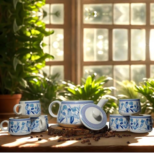 Image of 'Garden Whisper' Premium Ceramic Tea Cup Set with Kettle & 6 Cup | Floral Printed Ceramic Cup with Teapot | Handcrafted Microwave & Dishwasher Safe | Tea Serving Set for Home, Office & Gifting