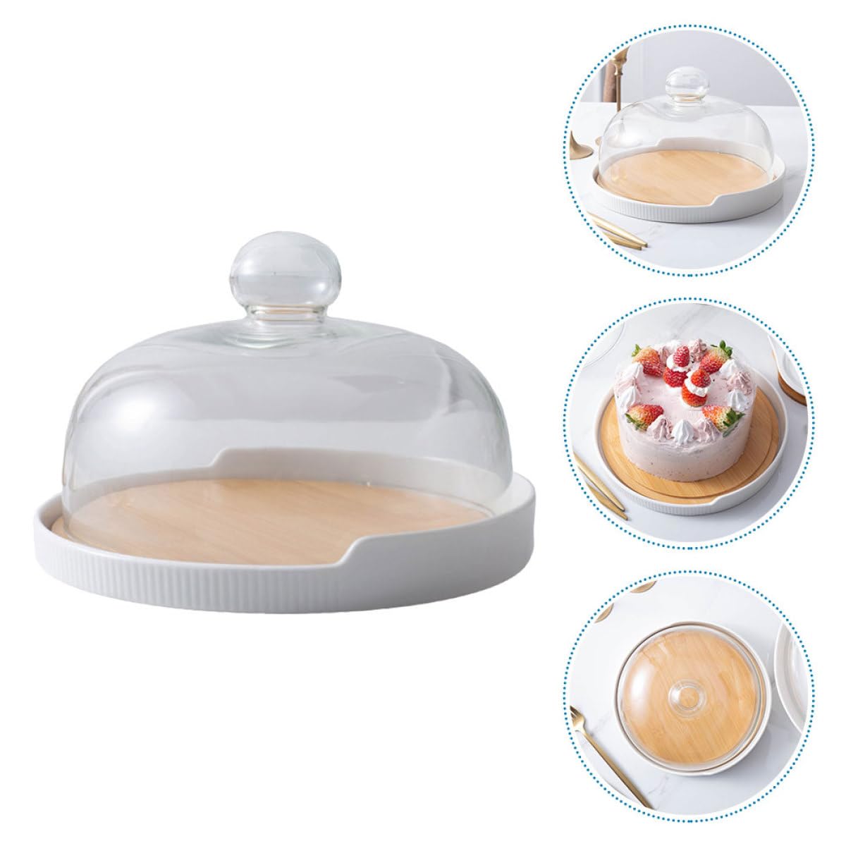 UKCOCO Bandeja para Tartas de Madera con Tapa de Cristal Transparente, Plato Giratorio para Postres, Soporte para Pastelería y Repostería en Hogar y Cocina
