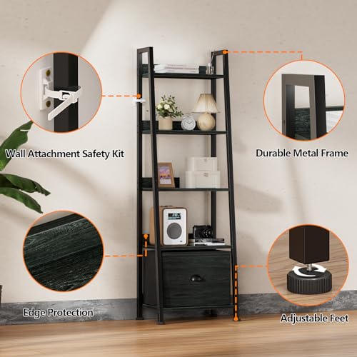 Image of Furologee 5-Tier Ladder Shelf, Narrow Ladder Bookshelf with Drawer, 55.6 inchTall Industrial Bookcase Storage Rack Organizer, Freestanding Storage Shelve for Living Room, Home Office, Bedroom, Black Oak