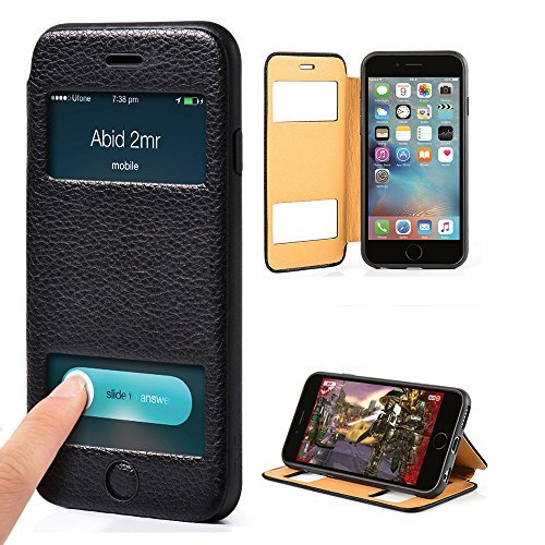 ZVE iPhone 6/6S Plus Leather flip Case S-View Window Cover/KICKSTANDStand/TPU Bumper/Open Protection, 5.5 Black