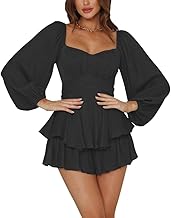 LYANER Women's Jumpsuit Lantern Long Sleeve Ruffle Layer Tie Mini Short Romper