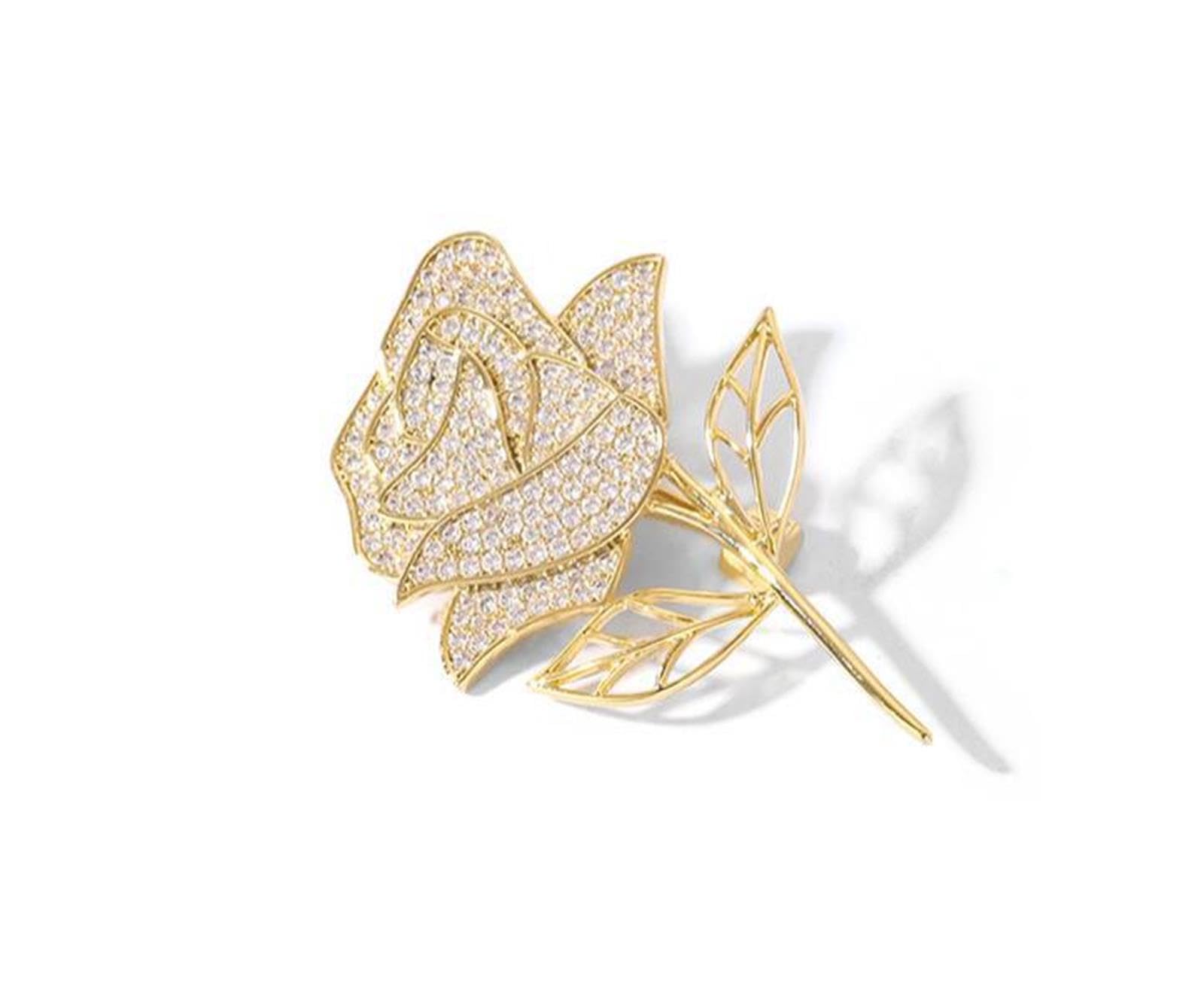 Rose Flower Brooch Elegant Red Rhinestone Crystal Rose Lapel Pin Dress Accessories Jewelry