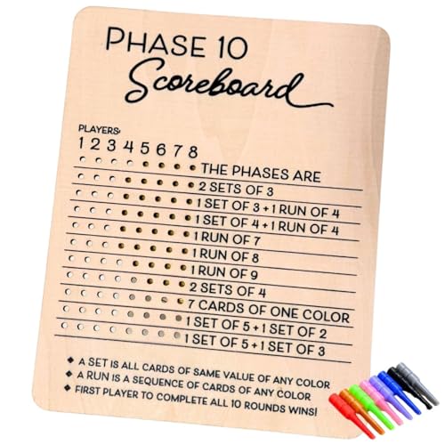 Giasy_Fortune Phase 10 Score Board Wooden Phase 10 Scoreboard with 8 Colored Pegs Phase Ten Score and Round Tracker Fun Board Card Games for Party Family Adults