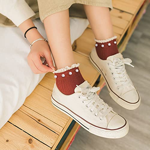 2022 Fashion Spring Lace Pearl Socks, Women Socks Cotton Cute Socks Ruffle Socks Lace Socks with Pearls Solid Color2