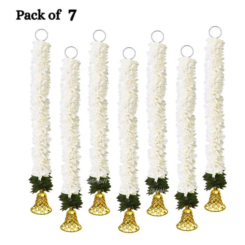 Image of Divyakosh Garlands for Home Decoration, Gajra Hangings (Pack of 7 Latkan, Size 14 Inch Each) | Offwhite Fabric Jasmine Flower with Golden Bell | Flower Garlands for Home Decoration |