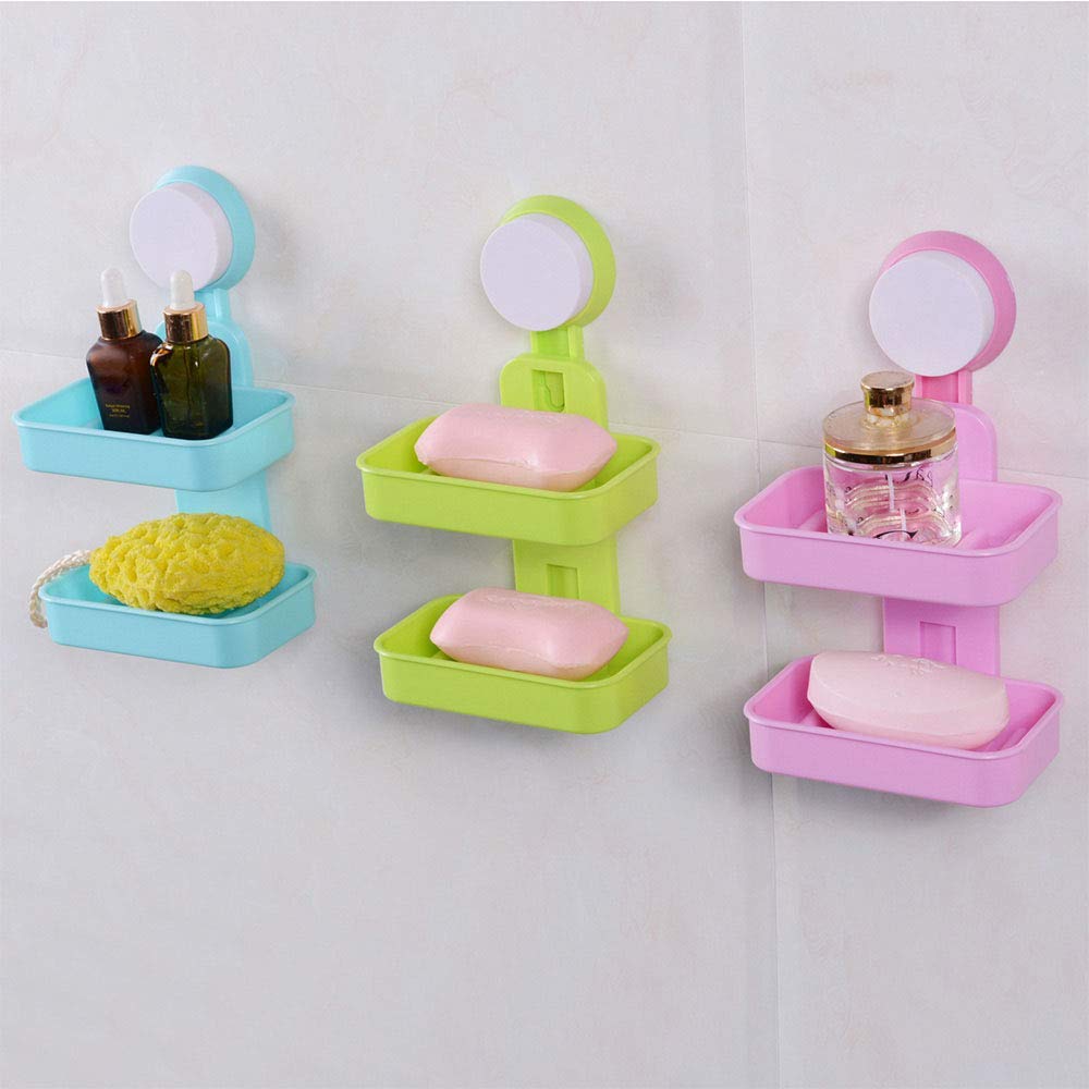 Hetarmi Enterprise Double Layer Plastic Attachable Vacuum Suction Soap Dishes Wall Holder-Stend (Multi Colour, Standard Size) 3